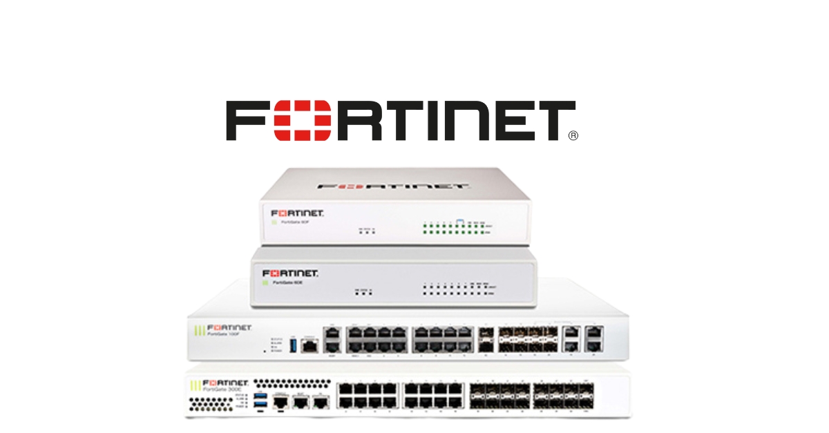 Fortinet security appliances—FortiGate models—stacked with Ethernet and SFP ports visible.