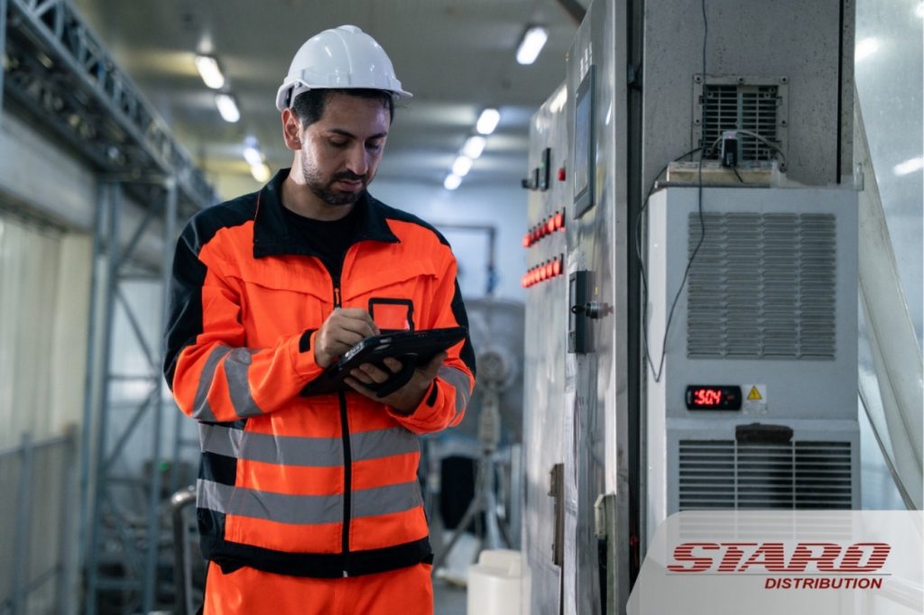 Engineer using low-code interface to configure automated workflows on a smart manufacturing dashboard