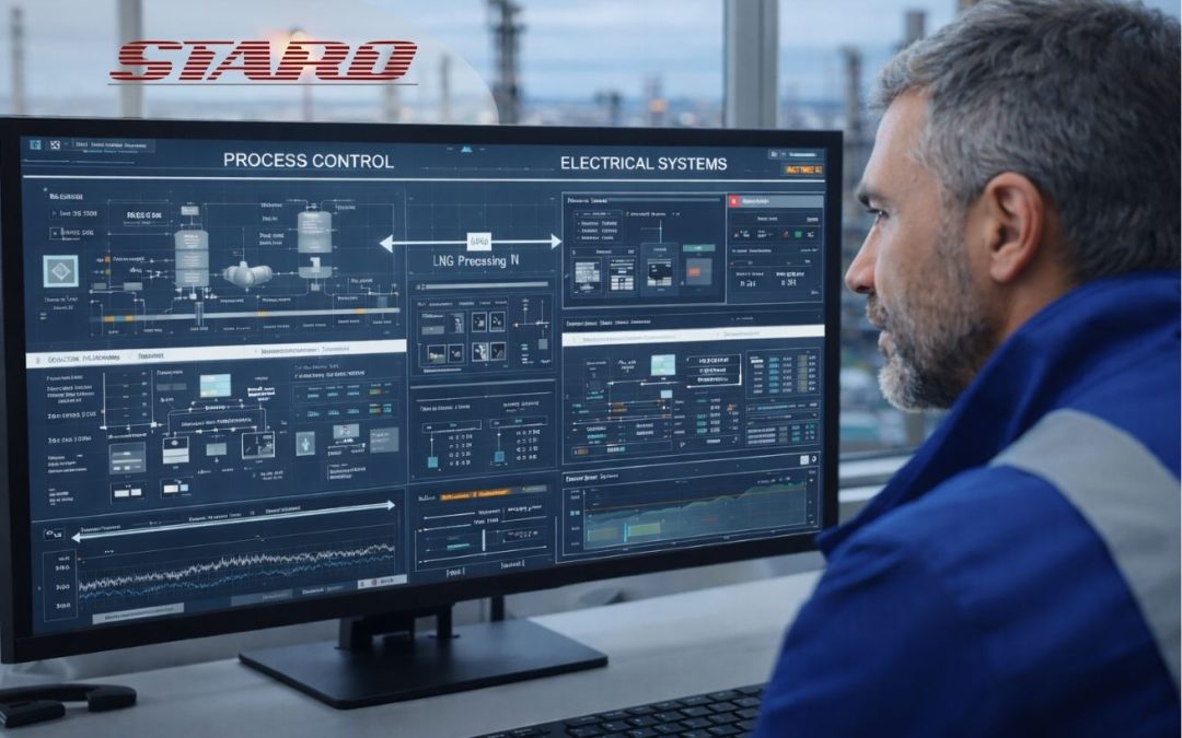 Side-profile engineer monitoring an integrated process and power dashboard in an oil and gas control room with refinery equipment visible outside.