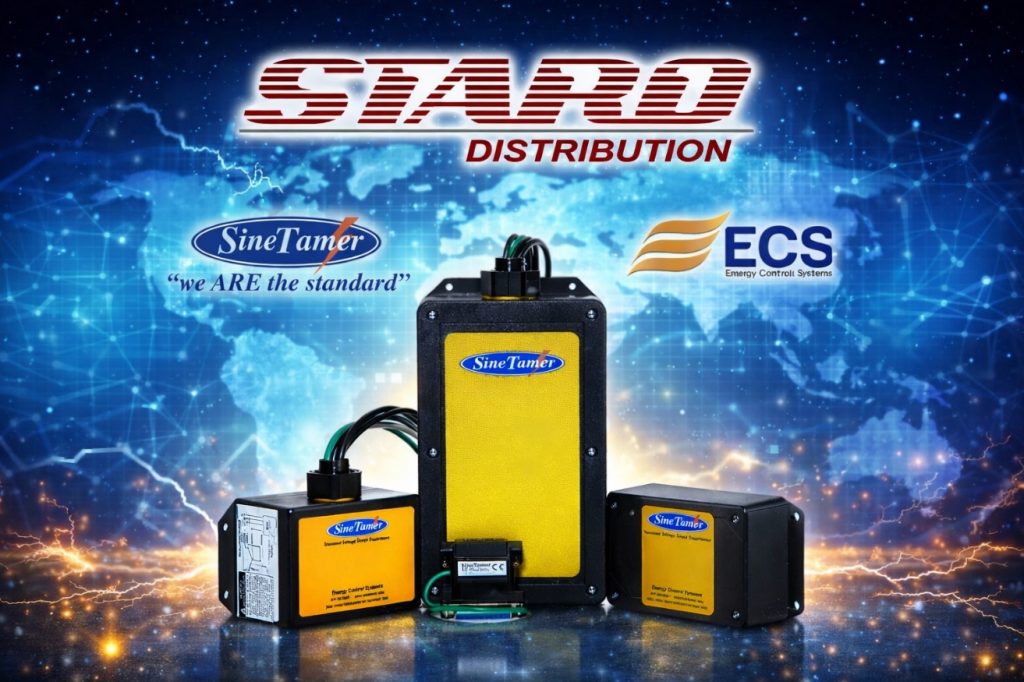 Staro Distribution showing three SineTamer surge protection devices on an electric-blue, industrial tech background with the SineTamer and ECS logos.