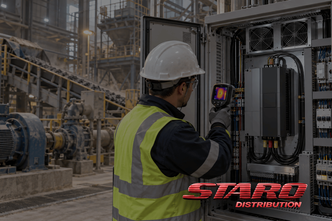 Technician inspecting an Allen-Bradley PowerFlex VFD for common faults and preventative maintenance