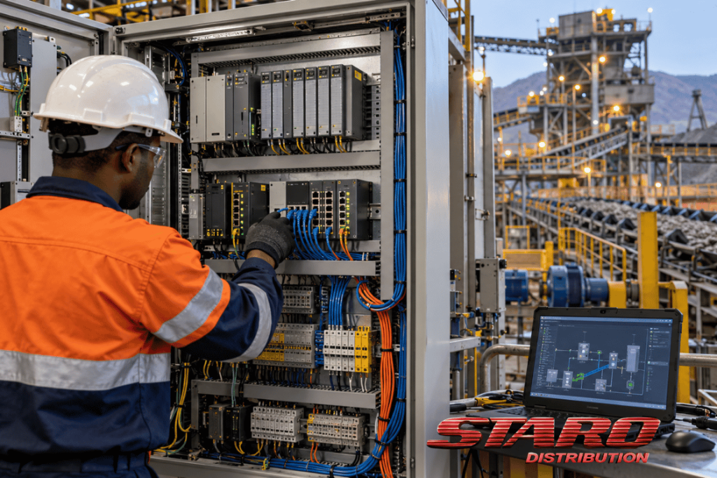 OT cybersecurity engineer inspecting Rockwell Automation industrial control and network systems in a South African plant