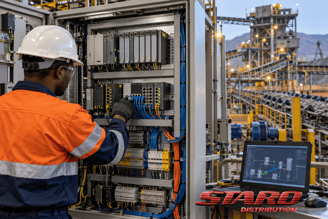 OT cybersecurity engineer inspecting Rockwell Automation industrial control and network systems in a South African plant